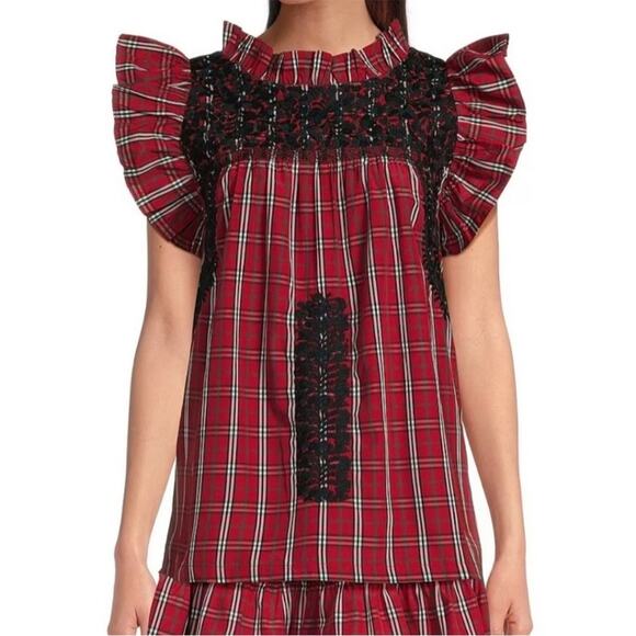 NWT J. Marie Rayna Embroidered Tartan Plaid Cap Sleeve Ruffle Neck Top Sz L - Picture 1 of 9